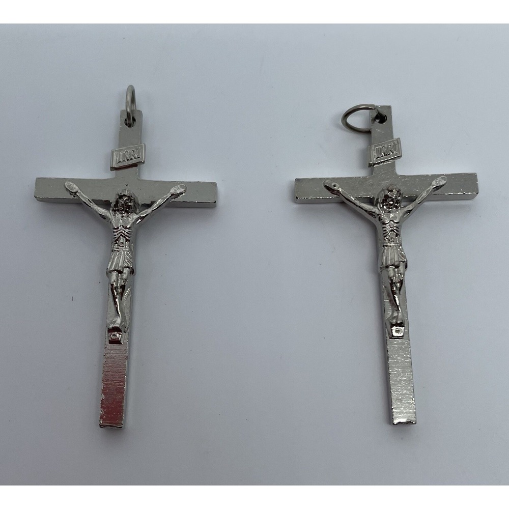 Lot of 2 Silver Tone Crucifix Medal Pendants for Necklace or Rosary 1.5" ITALY